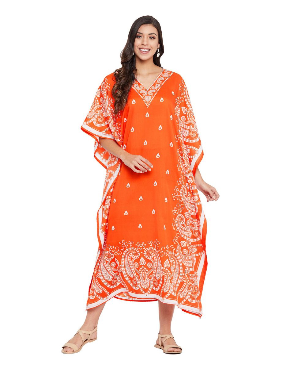 Paisley Printed Orange Polyester Kaftan Plus Size Dress For Women