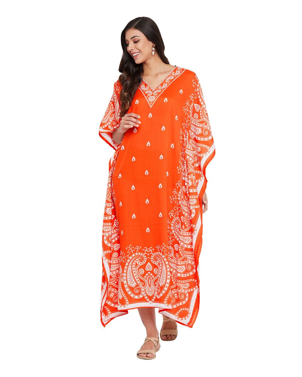 Paisley Printed Orange Polyester Kaftan Plus Size Dress For Women