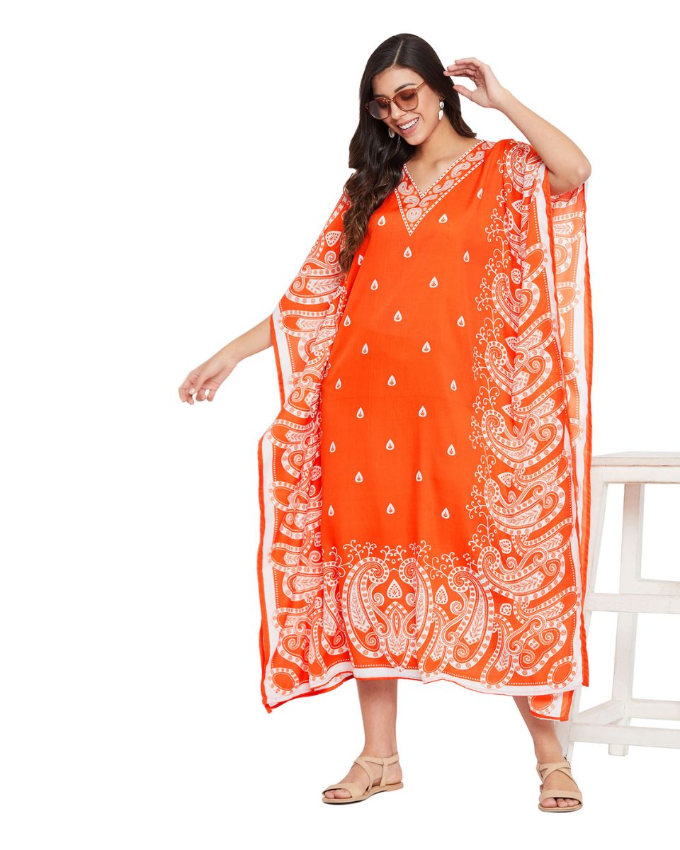 Paisley Printed Orange Polyester Kaftan Plus Size Dress For Women