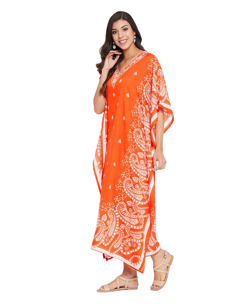 Paisley Printed Orange Polyester Kaftan Plus Size Dress For Women