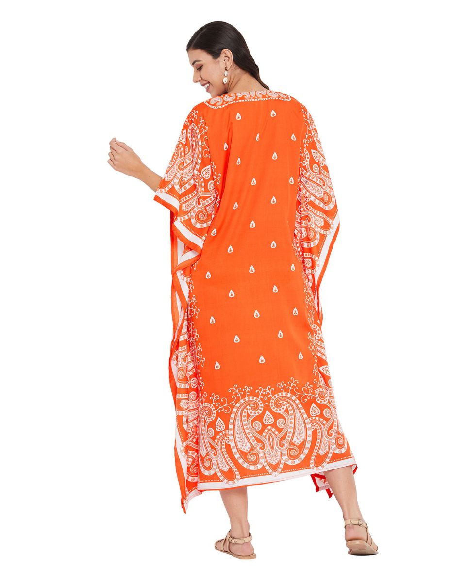 Paisley Printed Orange Polyester Kaftan Plus Size Dress For Women