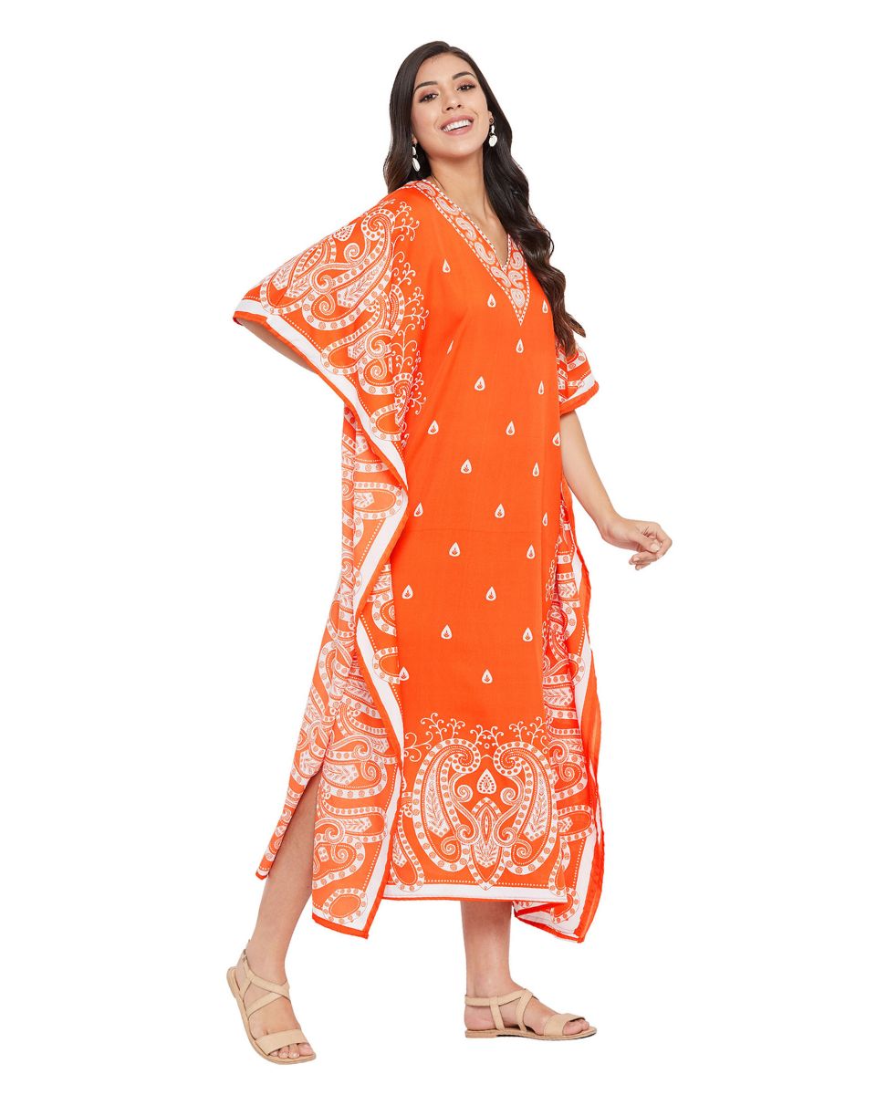 Paisley Printed Orange Polyester Kaftan Plus Size Dress For Women