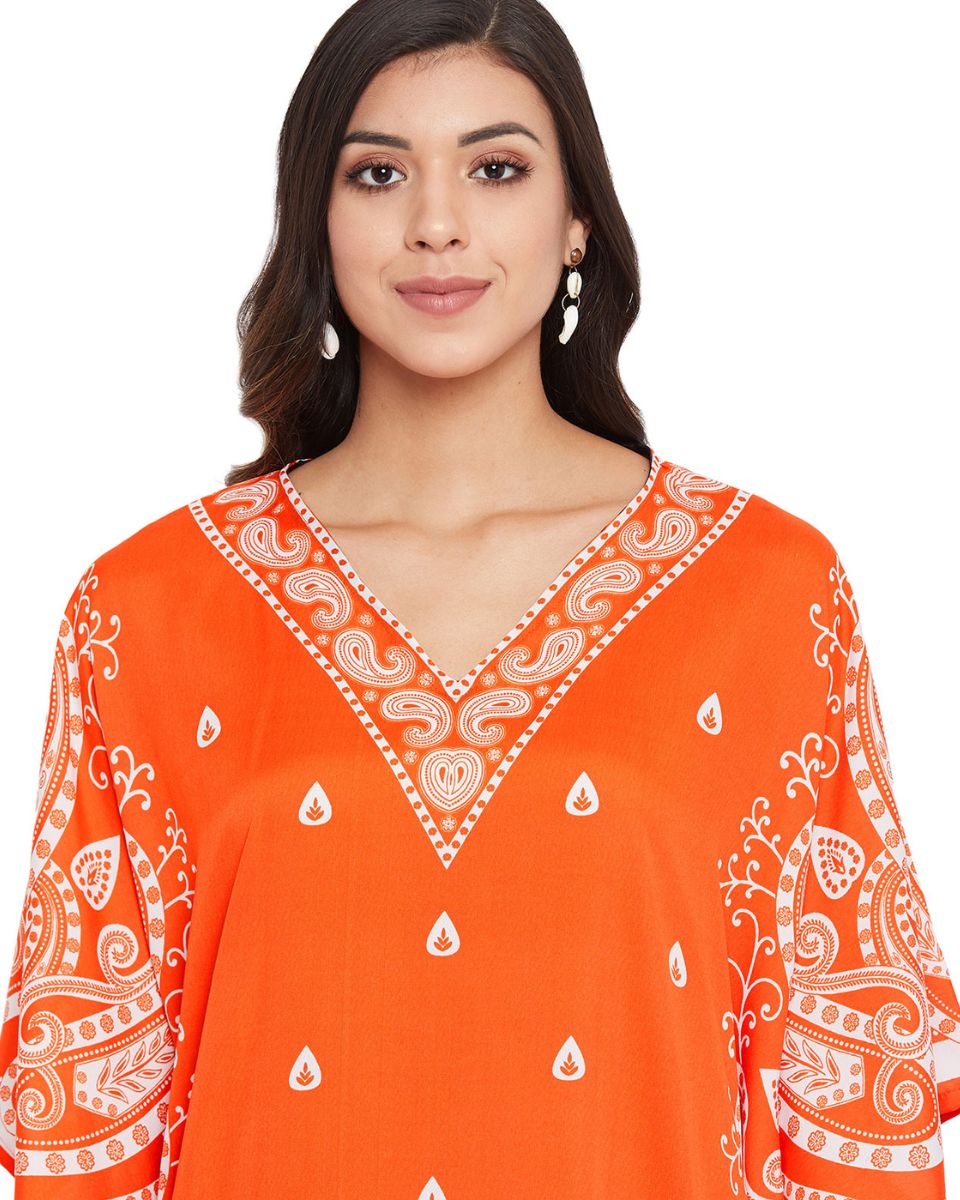 Paisley Printed Orange Polyester Kaftan Plus Size Dress For Women