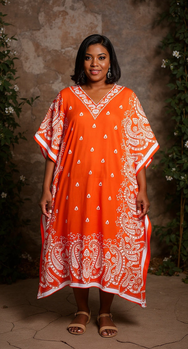 Orange Bandana Paisley Polyester Plus Size Kaftan for Women 1X-3X | GypsieBlu