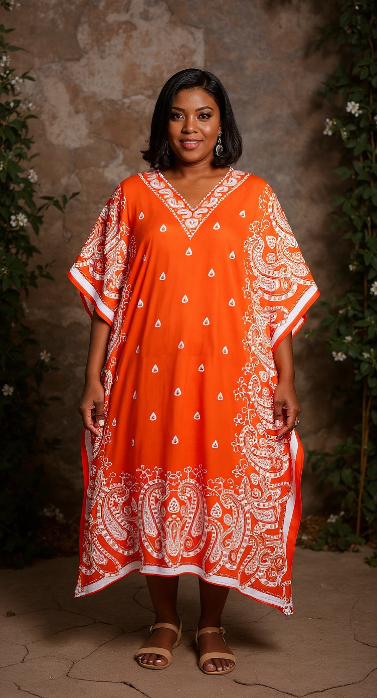 Paisley Printed Orange Polyester Kaftan Plus Size Dress For Women