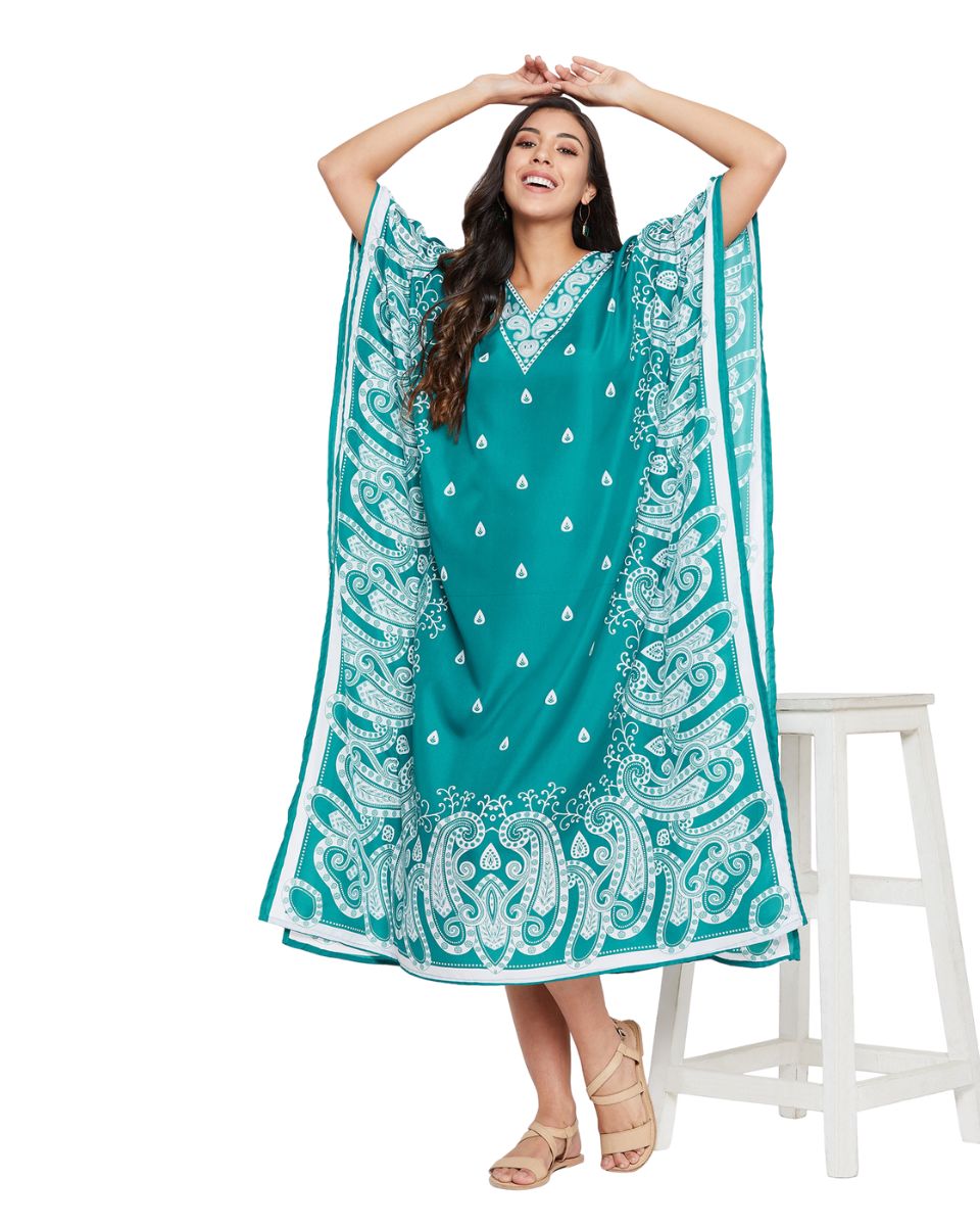 Paisley Print Turquoise Polyester Kaftan For Plus Size Women