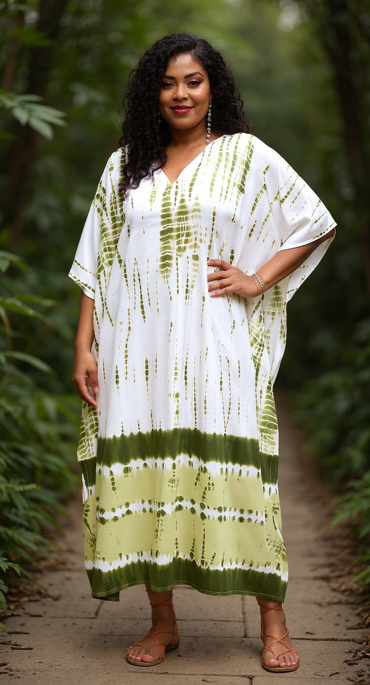 Olive Polyester Kaftan Tie Dye Printed Plus Size Dress For Women