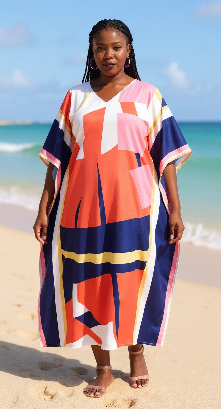 Abstract Printed Multicolor Polyester Kaftan For Plus Size Women