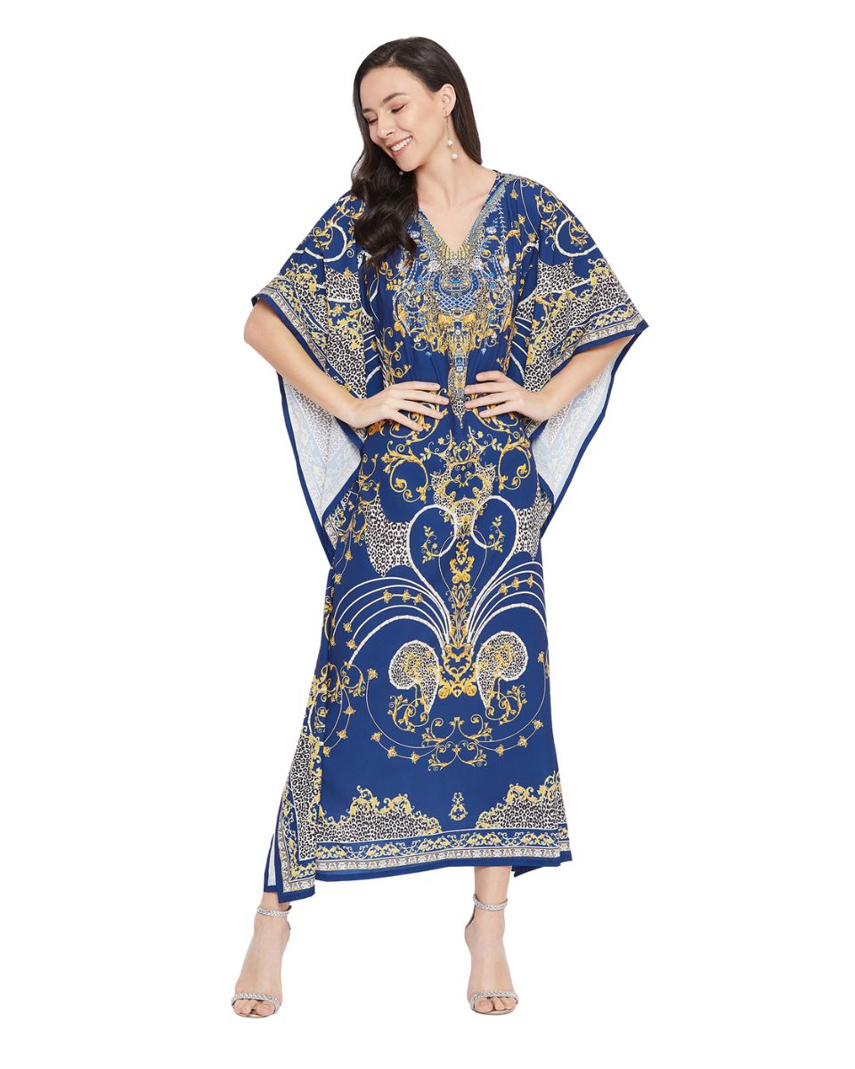 Blue Paisley Pattern Polyester Caftan For Plus Size Women