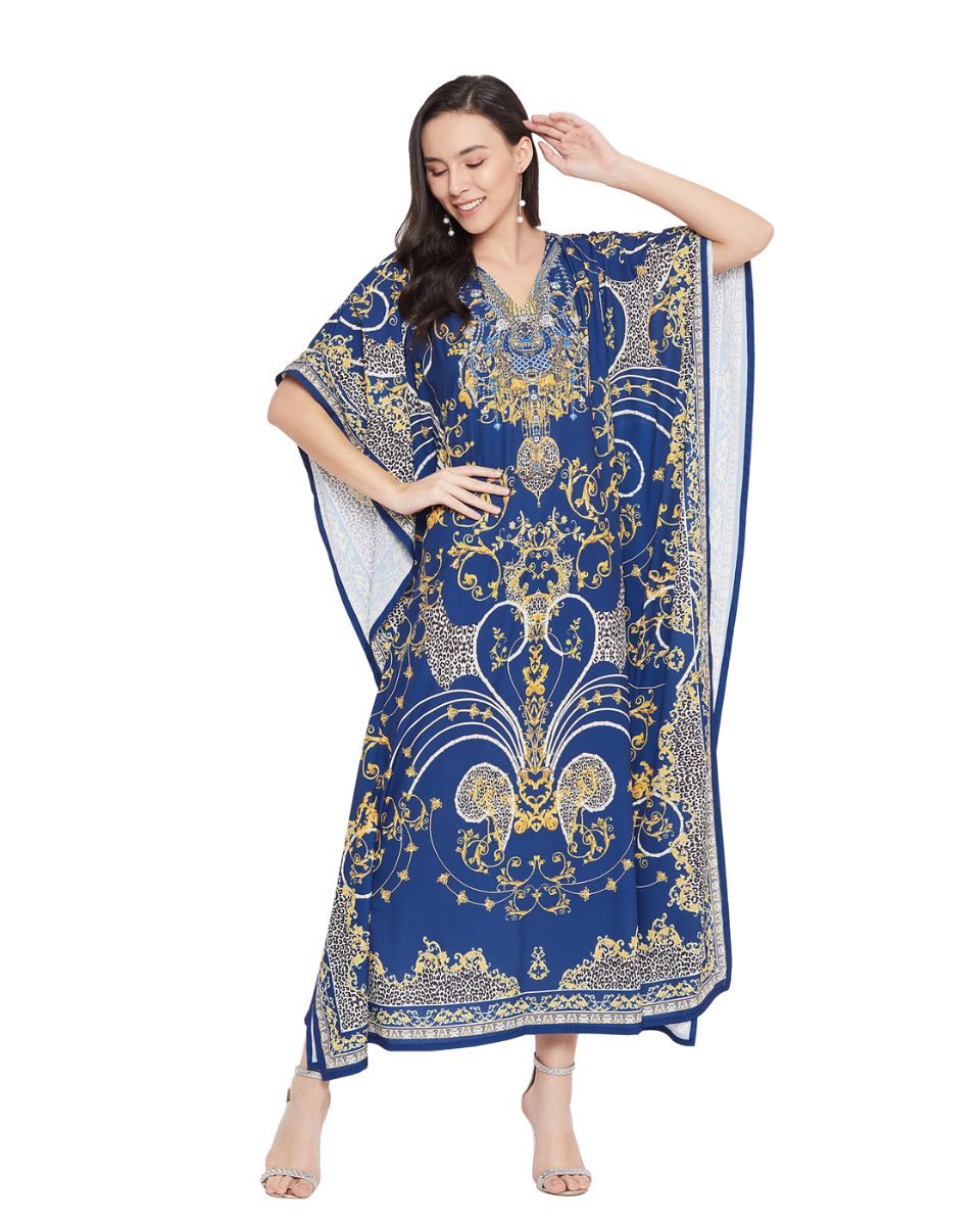 Blue Paisley Pattern Polyester Caftan For Plus Size Women