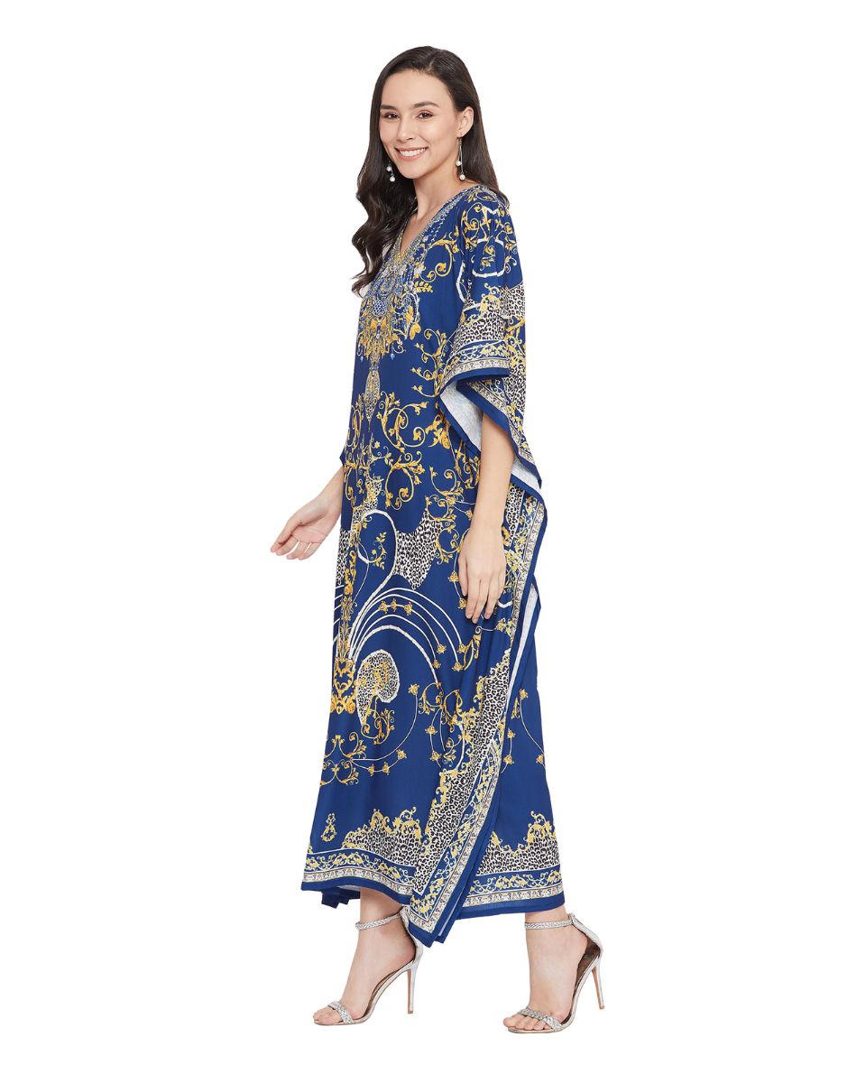 Blue Paisley Pattern Polyester Caftan For Plus Size Women