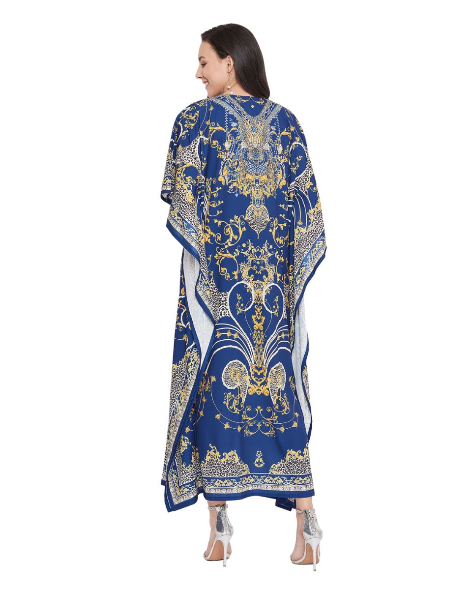 Blue Paisley Pattern Polyester Caftan For Plus Size Women