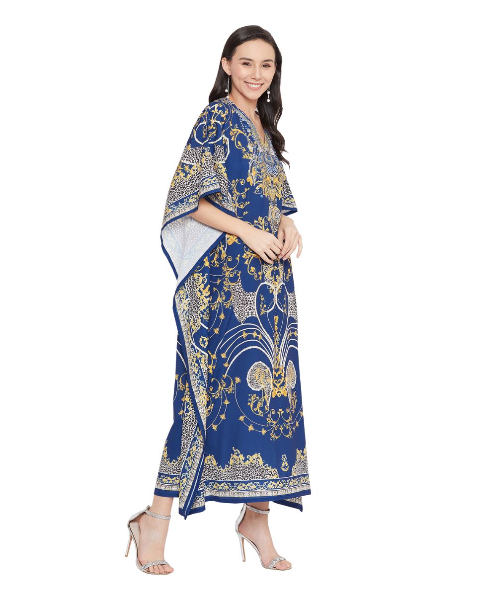 Blue Paisley Pattern Polyester Caftan For Plus Size Women