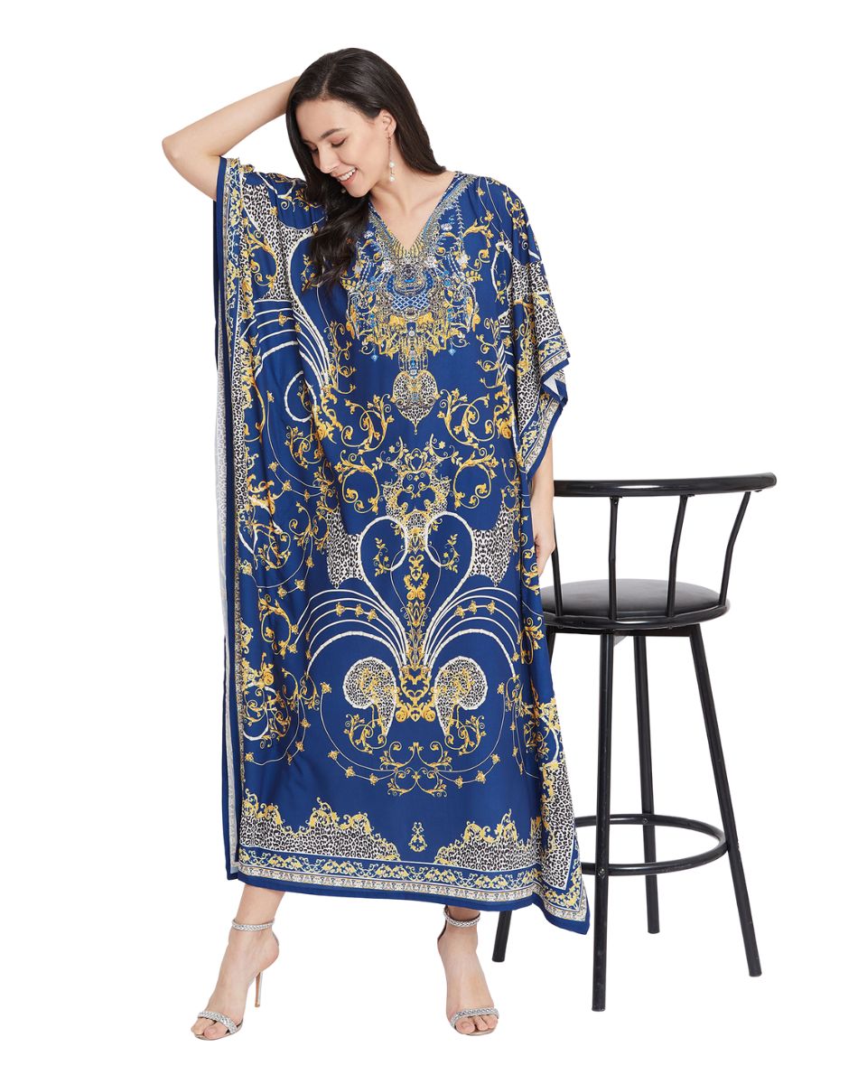 Blue Paisley Pattern Polyester Caftan For Plus Size Women