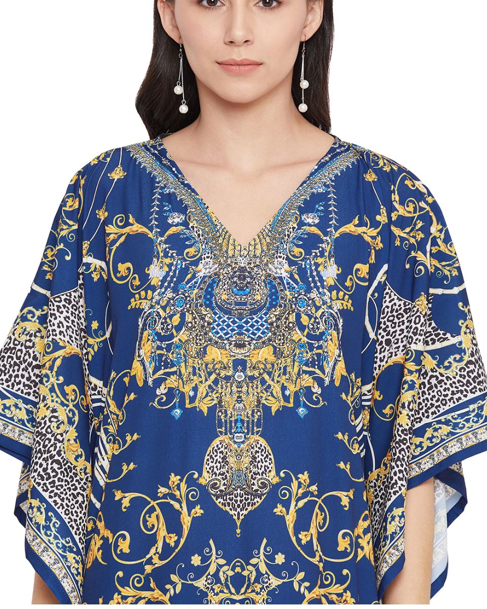 Blue Paisley Pattern Polyester Caftan For Plus Size Women