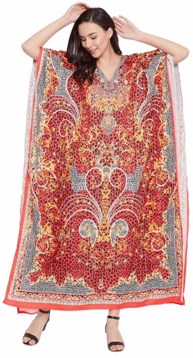 GypsieBlu Red & Multicolor Polyester Plus Size Kaftan for Women Kimono Sleeve 1X-3X - Damask Medallion Leopard Border Print