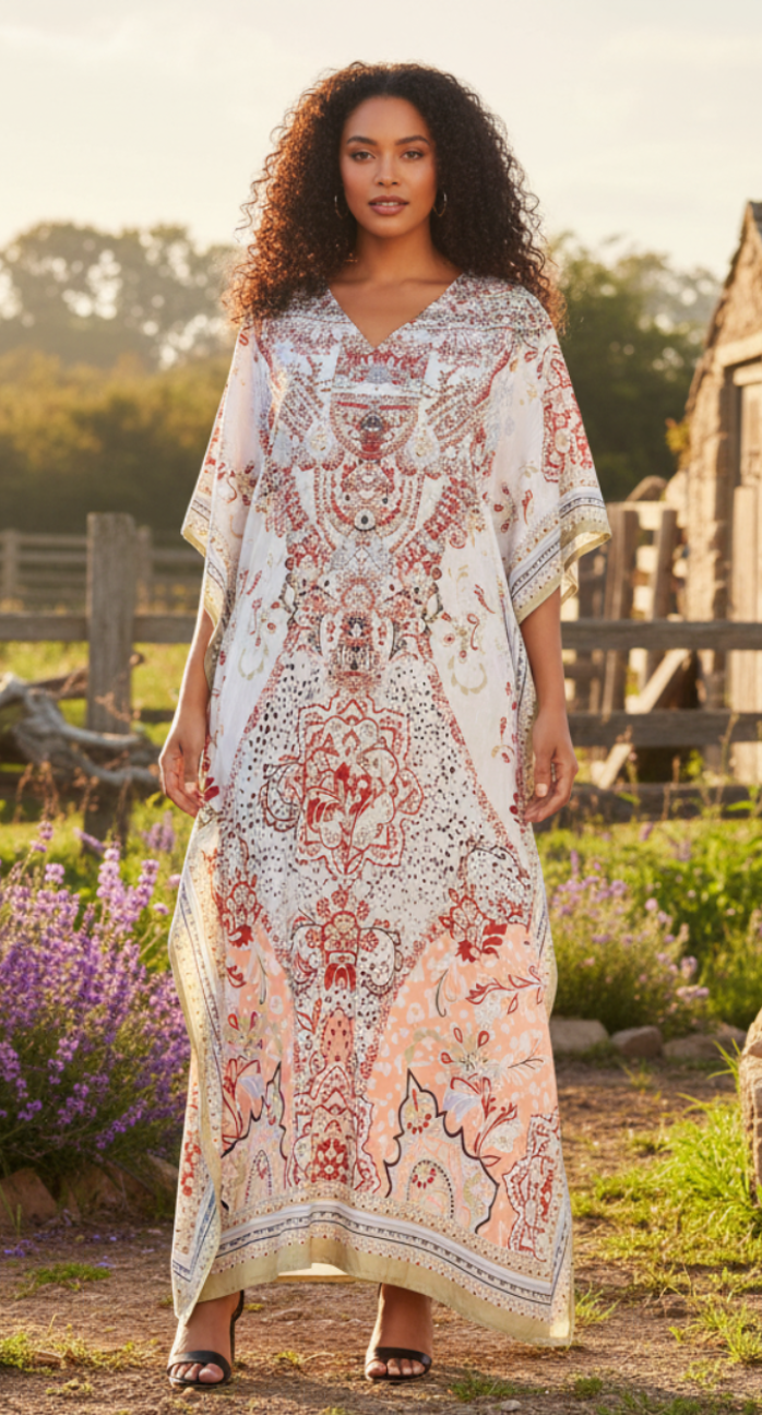 Floral Printed White Polyester Plus Size Kaftan Dress For Women