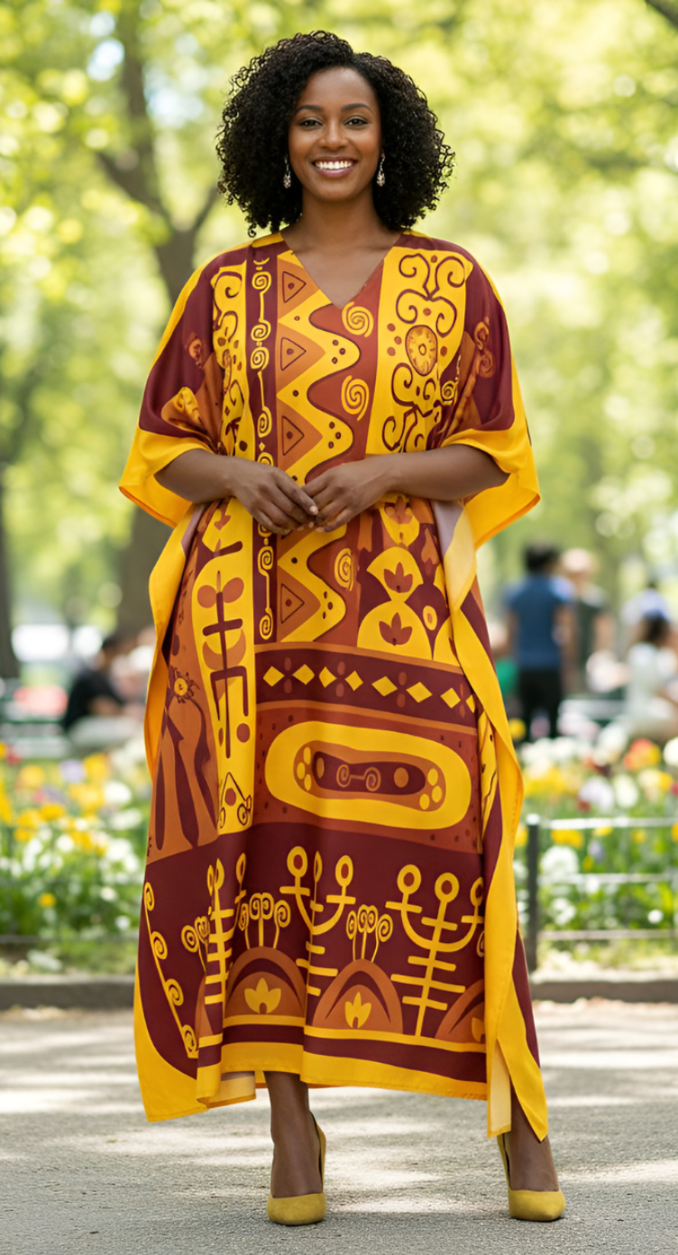 Women Plus Size Dress Tribal Printed Yellow Polyester Kaftan