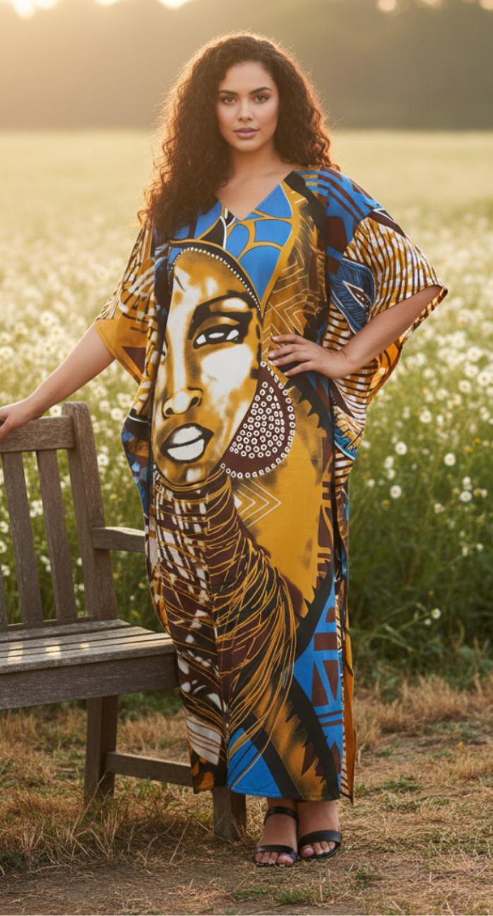 Tribal Printed Multicolor Polyester Women Plus Size Caftan