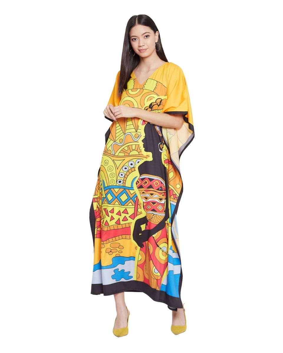 Yellow Multicolor Kimono Sleeve Polyester Caftan For Plus Size Women