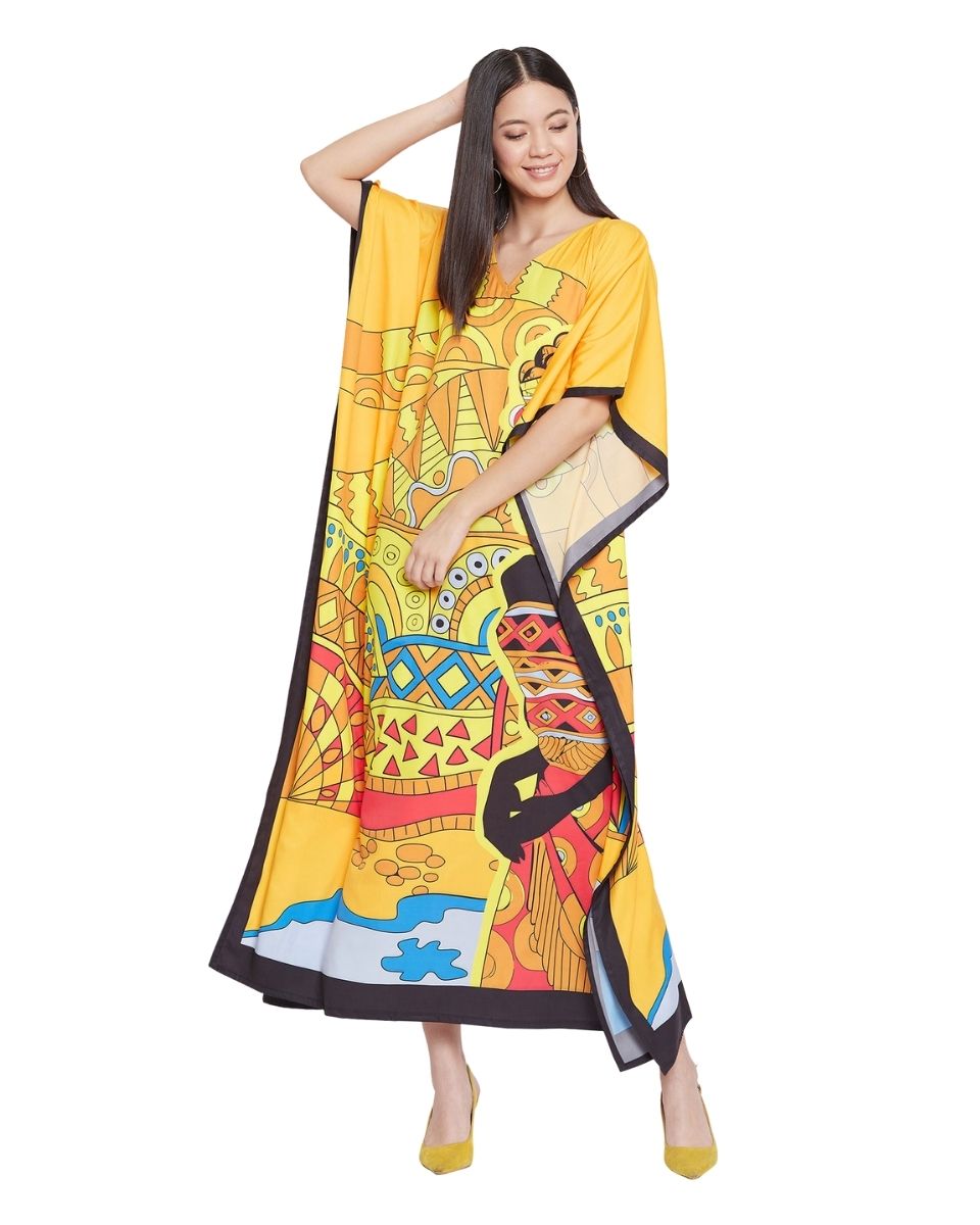 Yellow Multicolor Kimono Sleeve Polyester Caftan For Plus Size Women