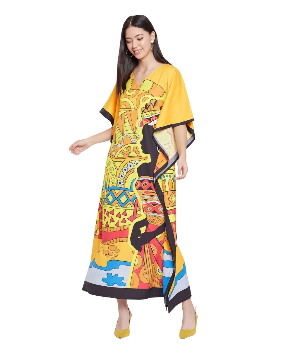 Yellow Multicolor Kimono Sleeve Polyester Caftan For Plus Size Women