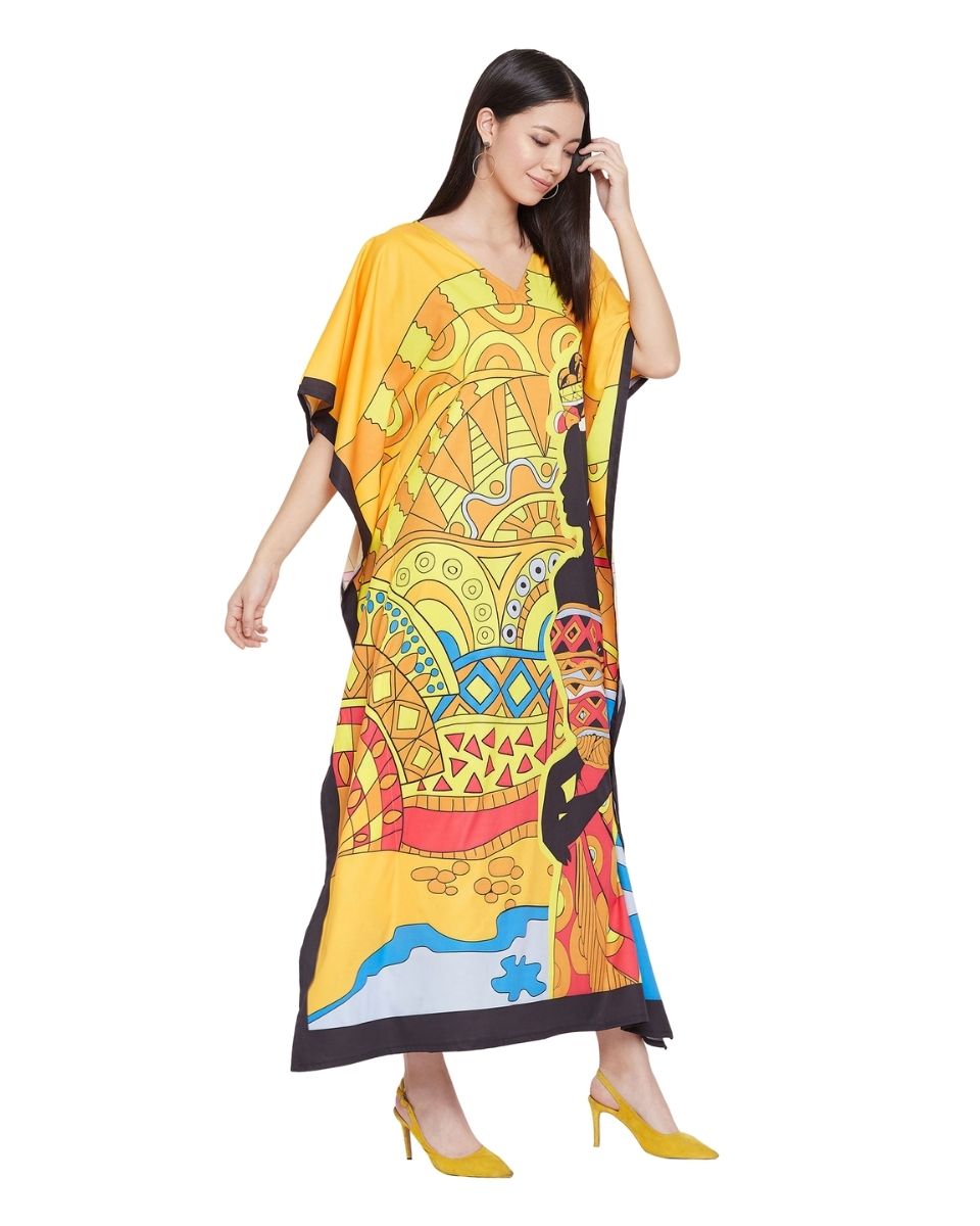 Yellow Multicolor Kimono Sleeve Polyester Caftan For Plus Size Women