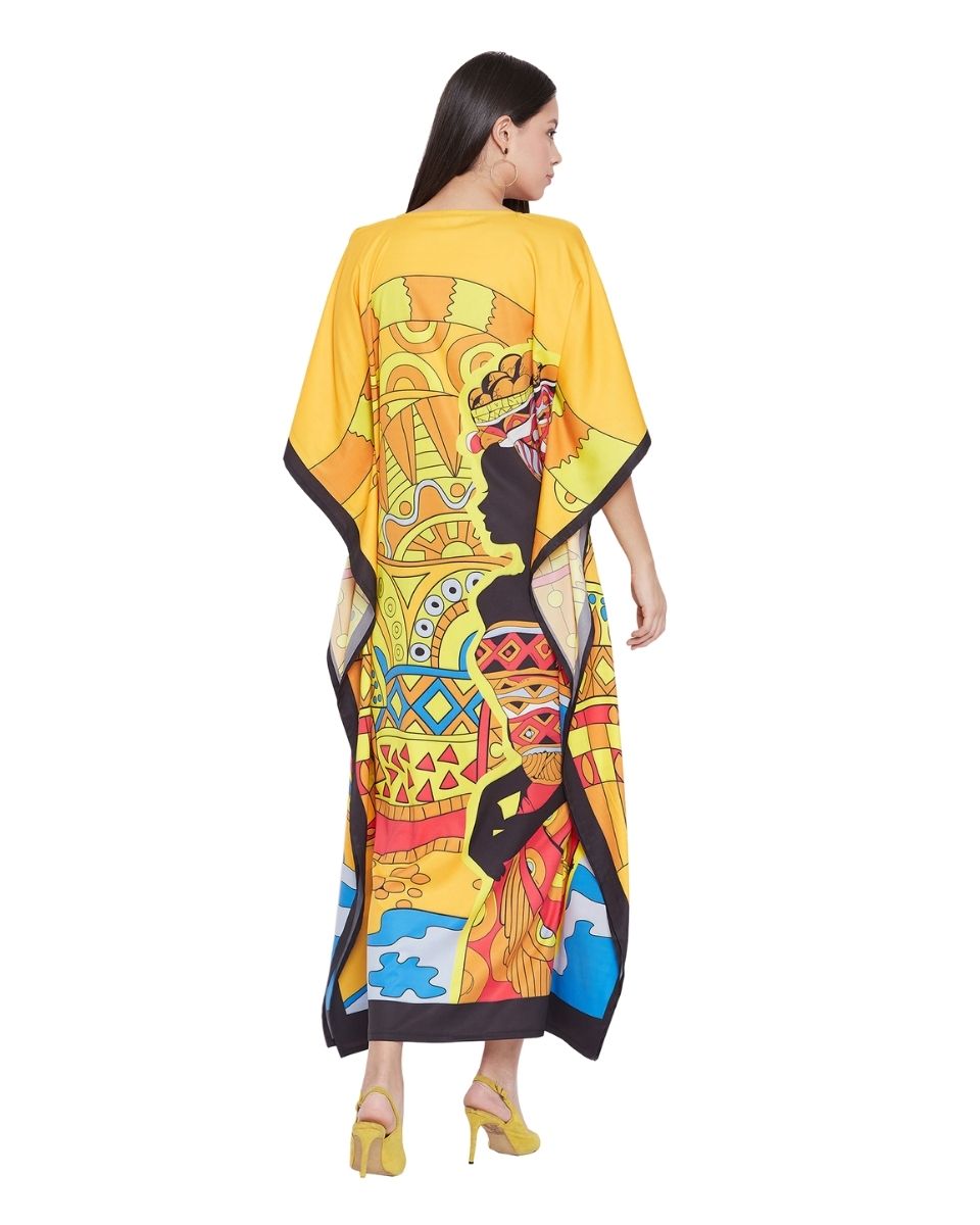 Yellow Multicolor Kimono Sleeve Polyester Caftan For Plus Size Women