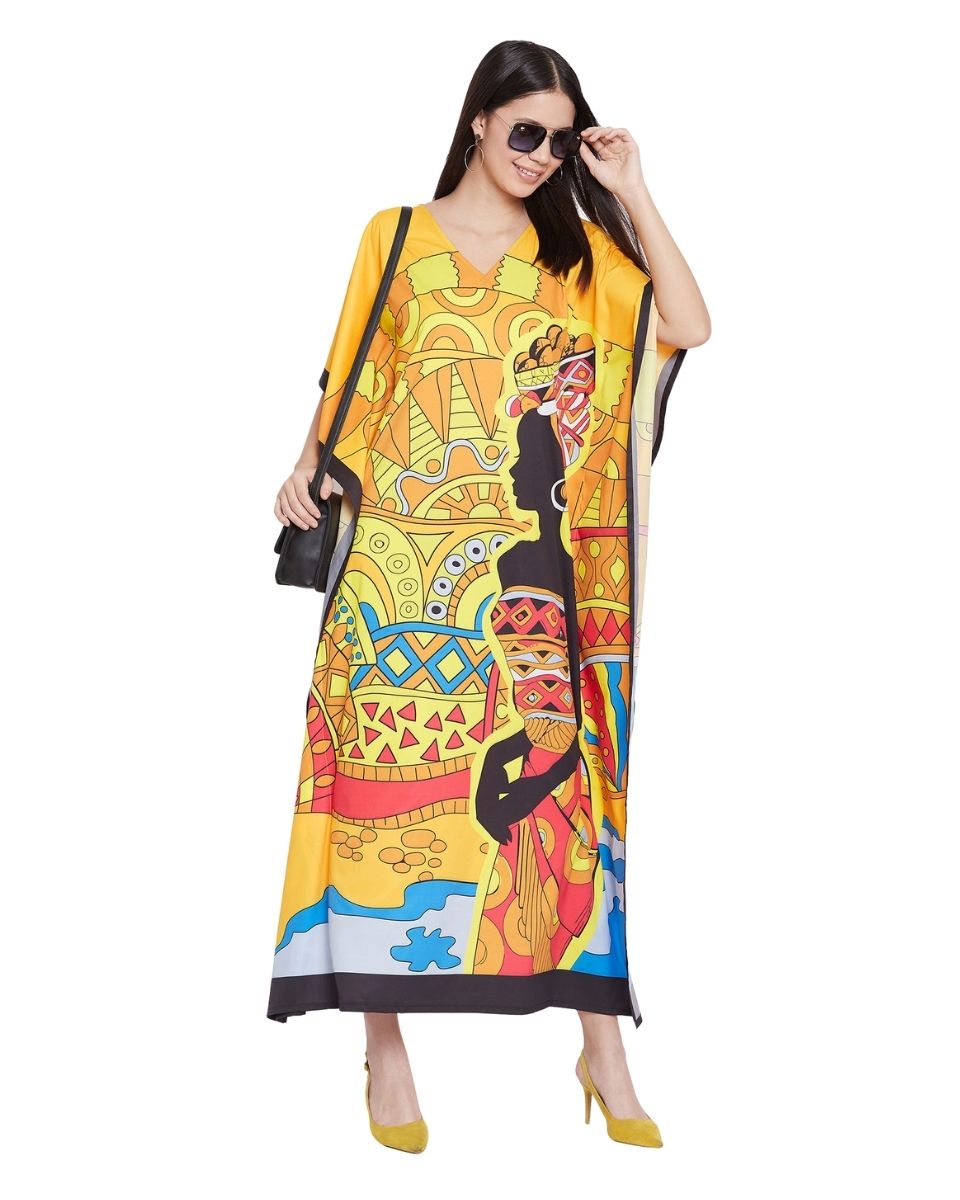 Yellow Multicolor Kimono Sleeve Polyester Caftan For Plus Size Women