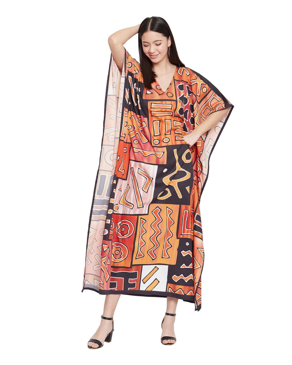 Brown Tribal Print Polyester Plus Size Kaftan For Women