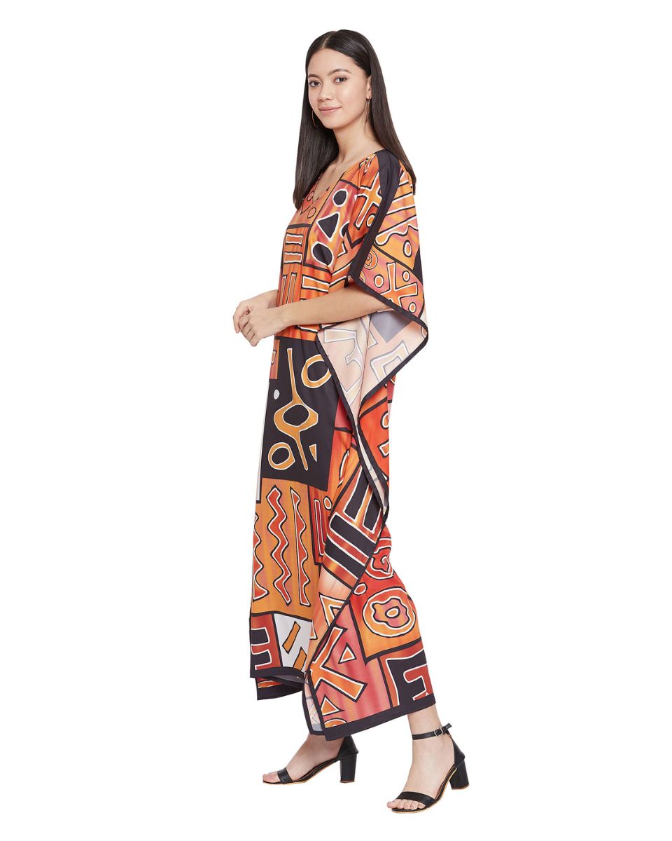 Brown Tribal Print Polyester Plus Size Kaftan For Women