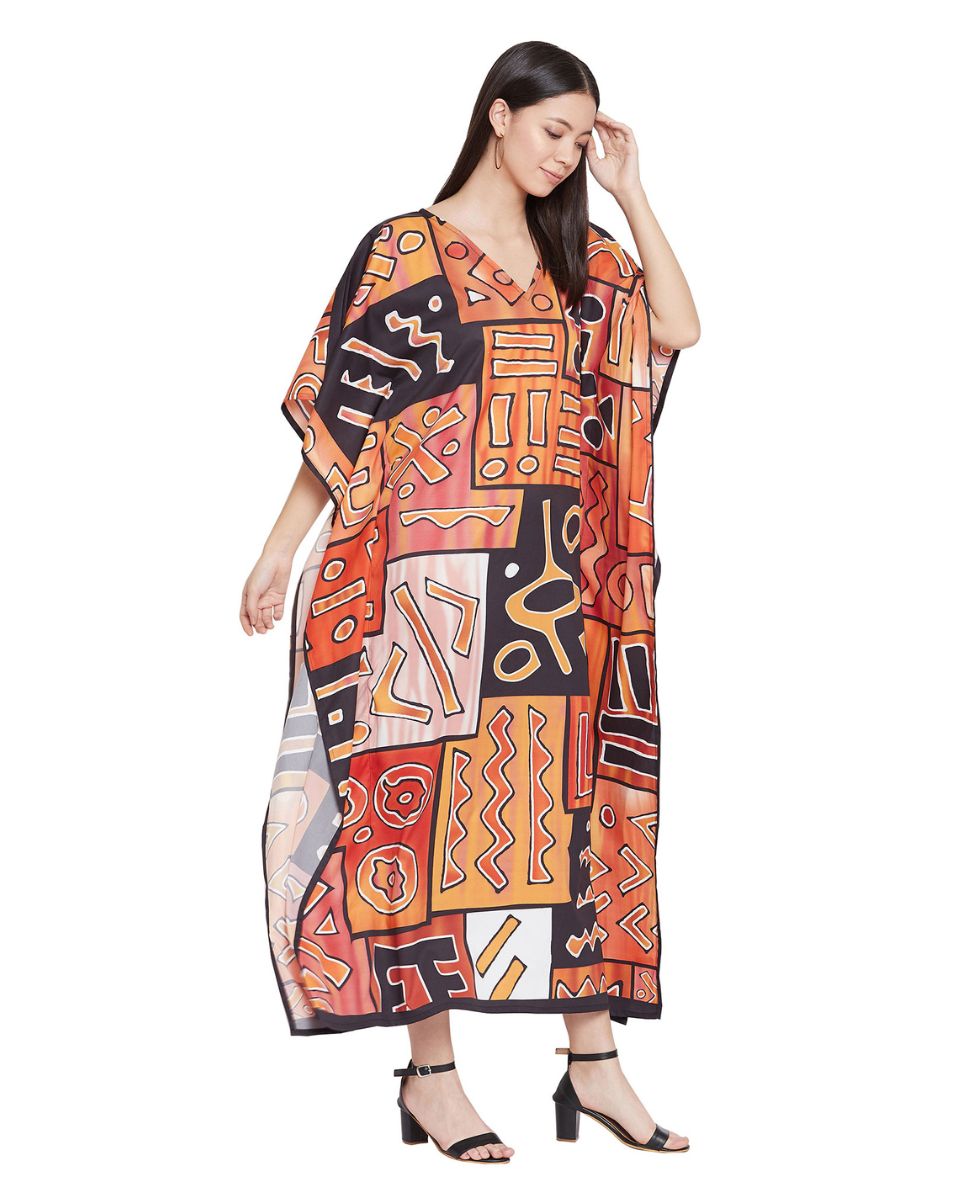 Brown Tribal Print Polyester Plus Size Kaftan For Women