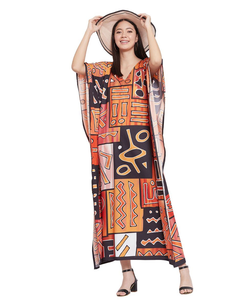 Brown Tribal Print Polyester Plus Size Kaftan For Women