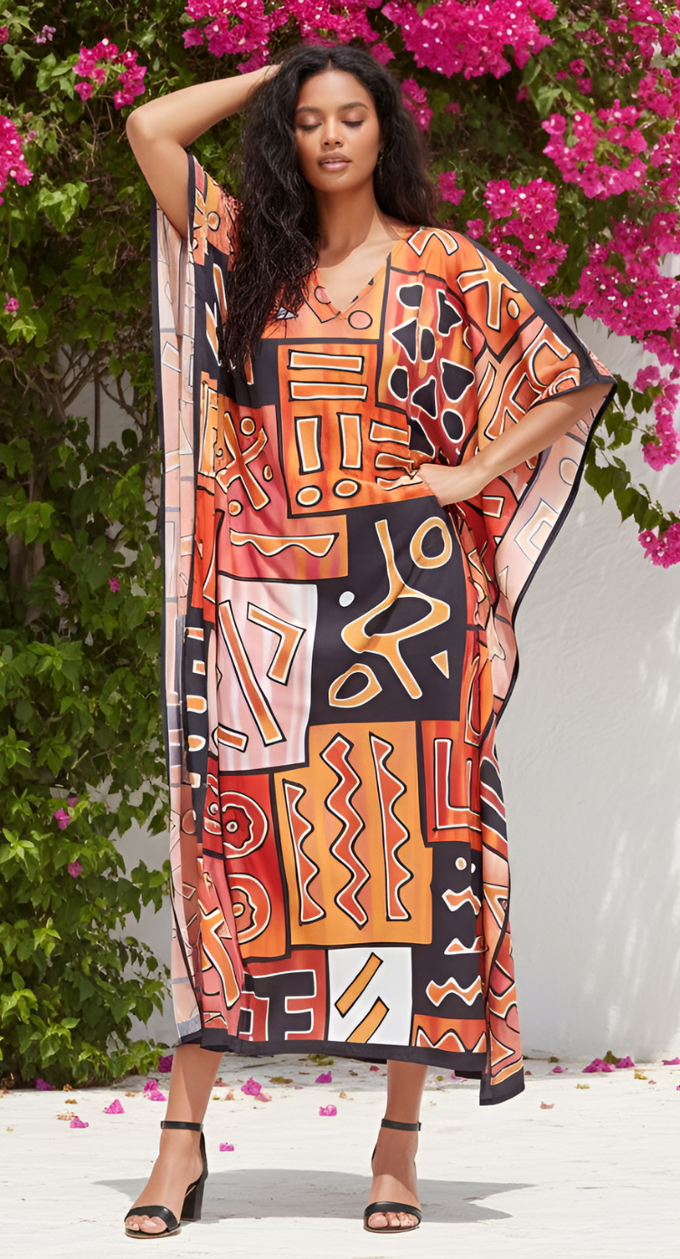 Brown Tribal Print Polyester Plus Size Kaftan For Women