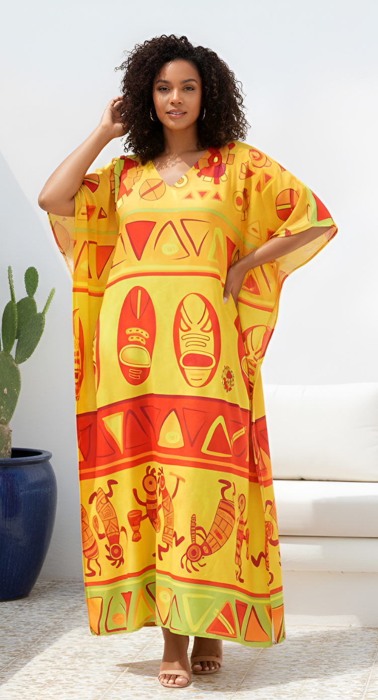 Polyester Kaftan For Plus Size Women Tribal Printed Yellow