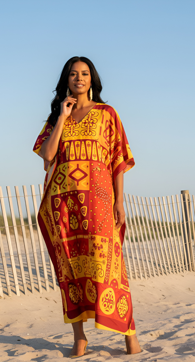 Kaftan For Plus Size Women Tribal Printed Yellow Polyester