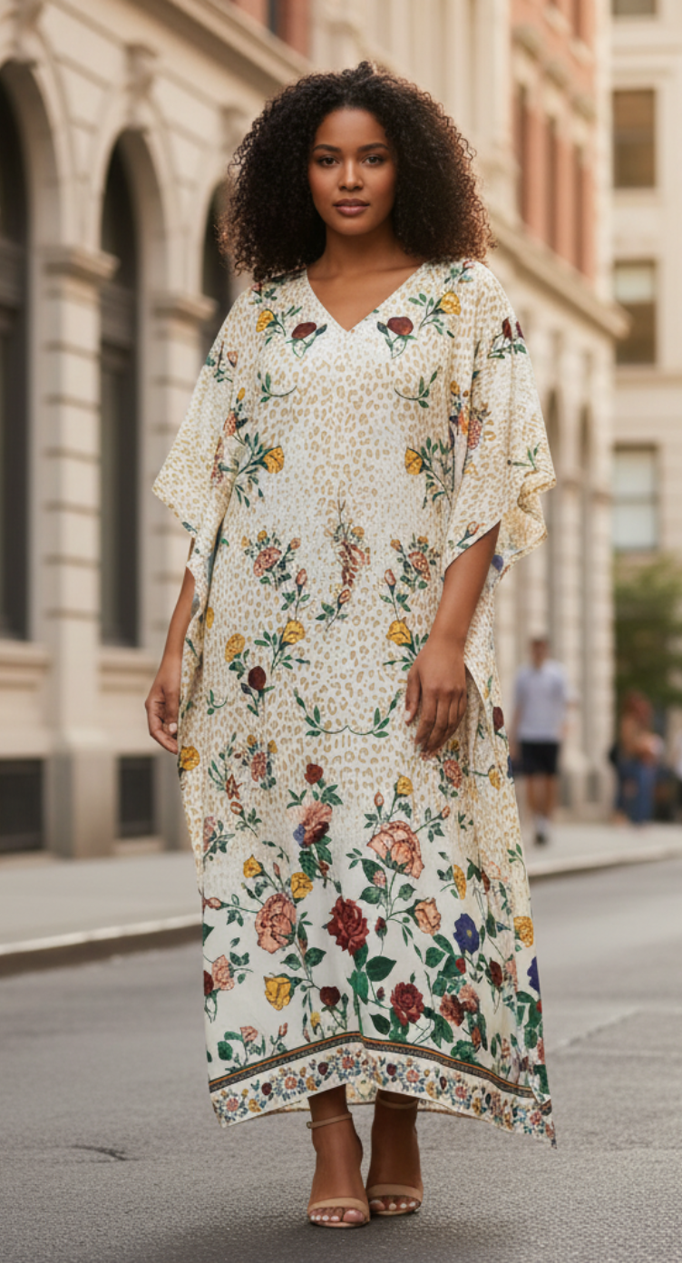 Floral Printed Golden Polyester Kaftan Plus Size Dress For Women