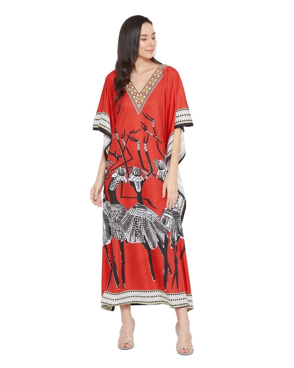 Red Plus Size Kimono Sleeve Polyester Caftan For Women