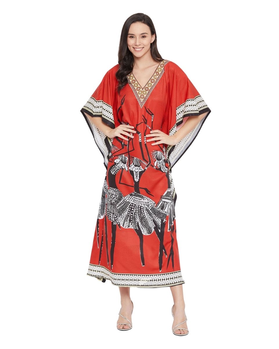 Red Plus Size Kimono Sleeve Polyester Caftan For Women