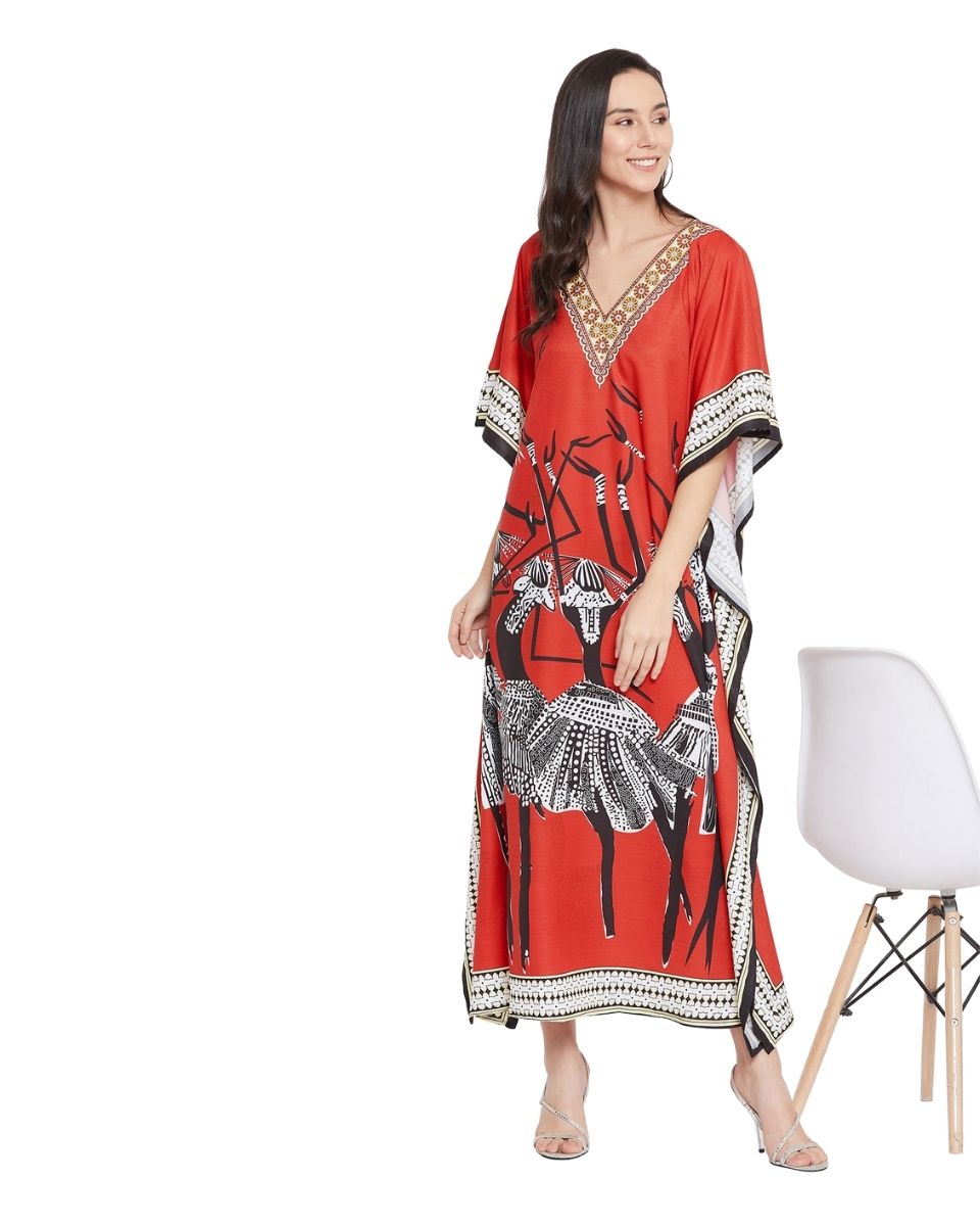 Red Plus Size Kimono Sleeve Polyester Caftan For Women