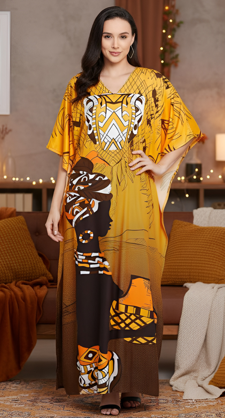 Yellow Polyester Tribal Printed Kaftan For Plus Size Women