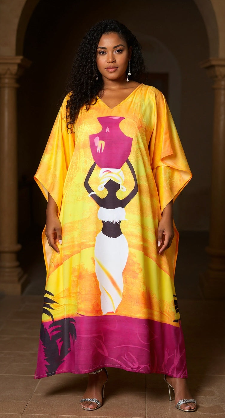 Plus Size Women Tribal Print Yellow Polyester Kaftan