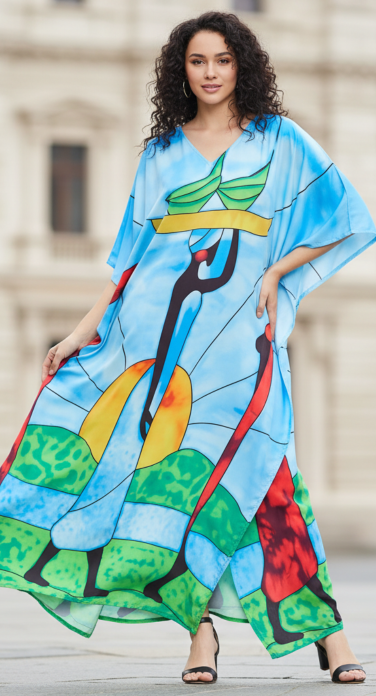 Kaftan Dress For Plus Size Women Tribal Printed Green Polyester