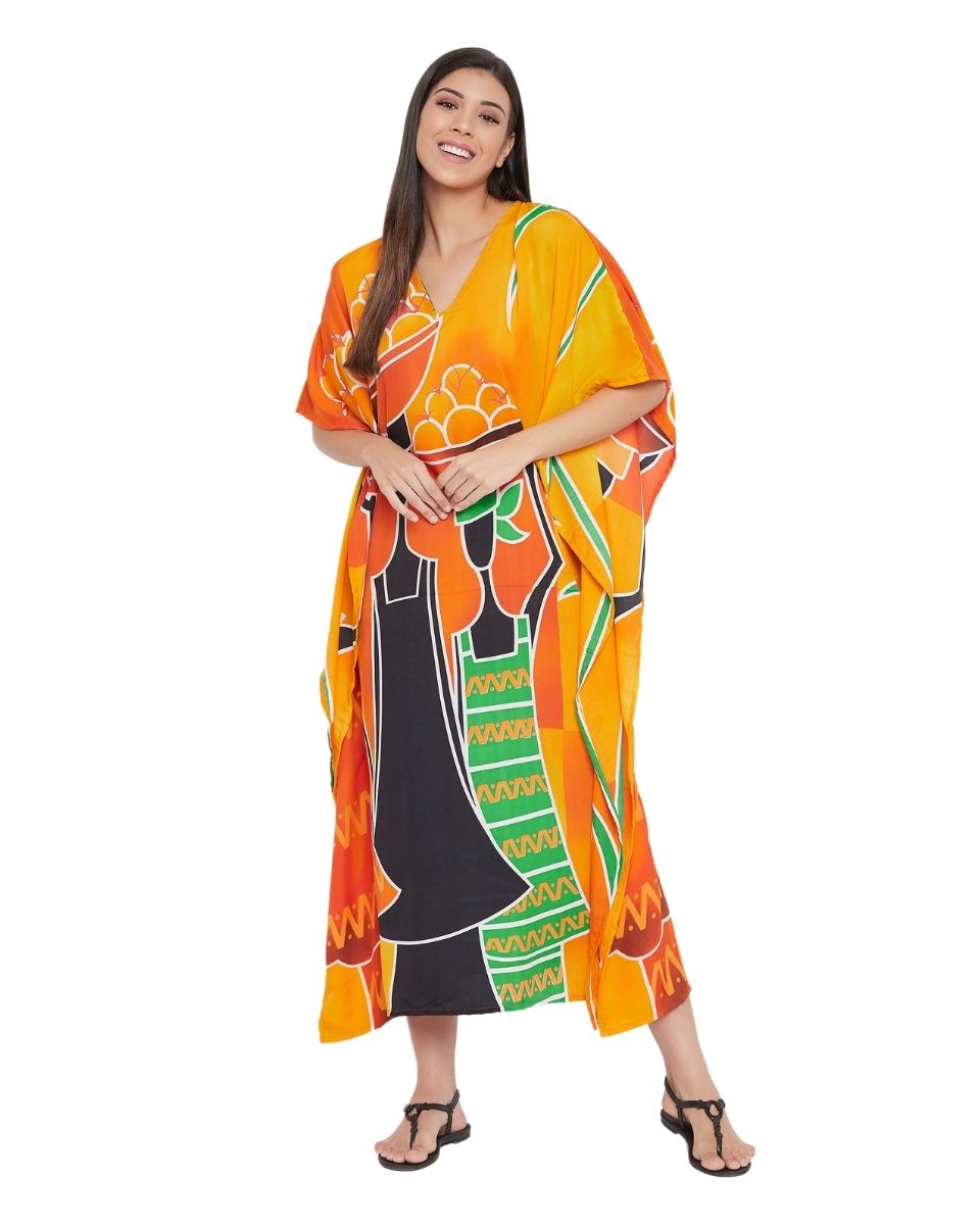 Golden Polyester Plus Size Kimono Style Caftan For Women