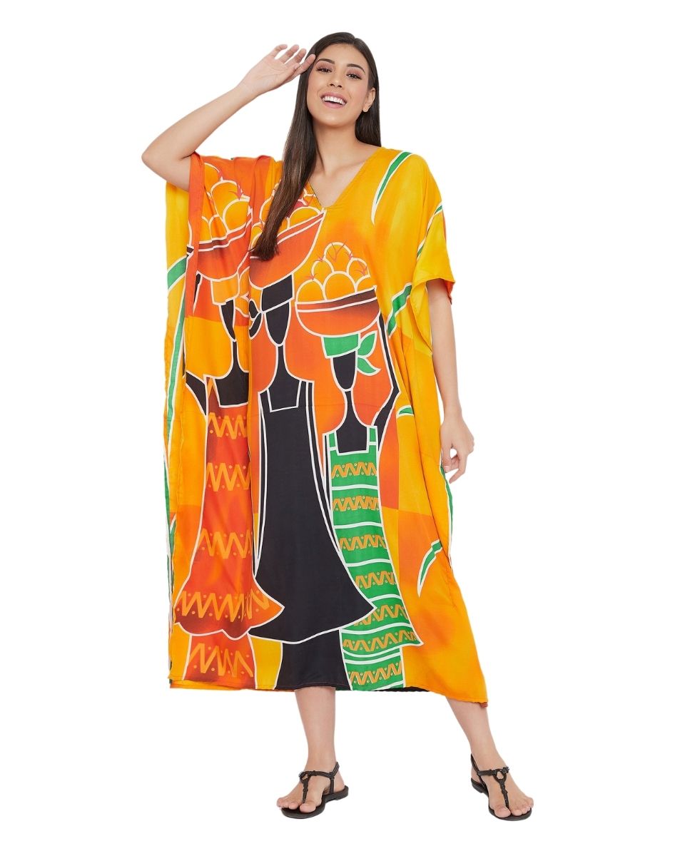 Golden Polyester Plus Size Kimono Style Caftan For Women