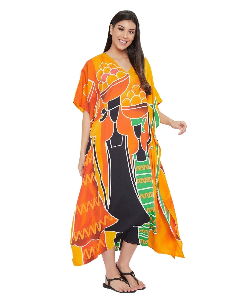 Golden Polyester Plus Size Kimono Style Caftan For Women