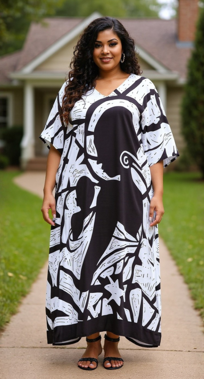 Tribal Printed Black Polyester Kaftan For Plus Size Women