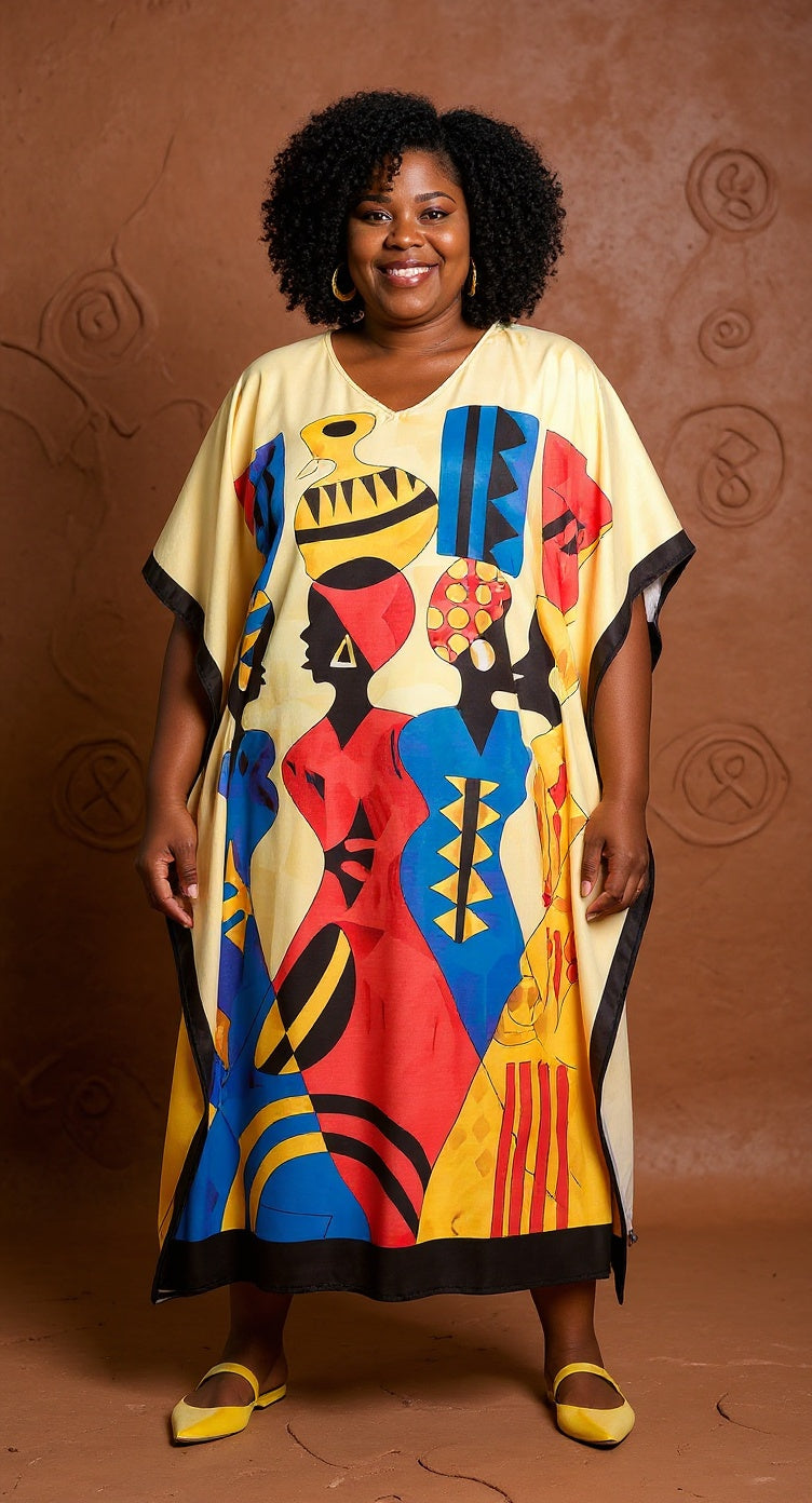 Plus Size Women Tribal Printed Multicolor Polyester Kaftan