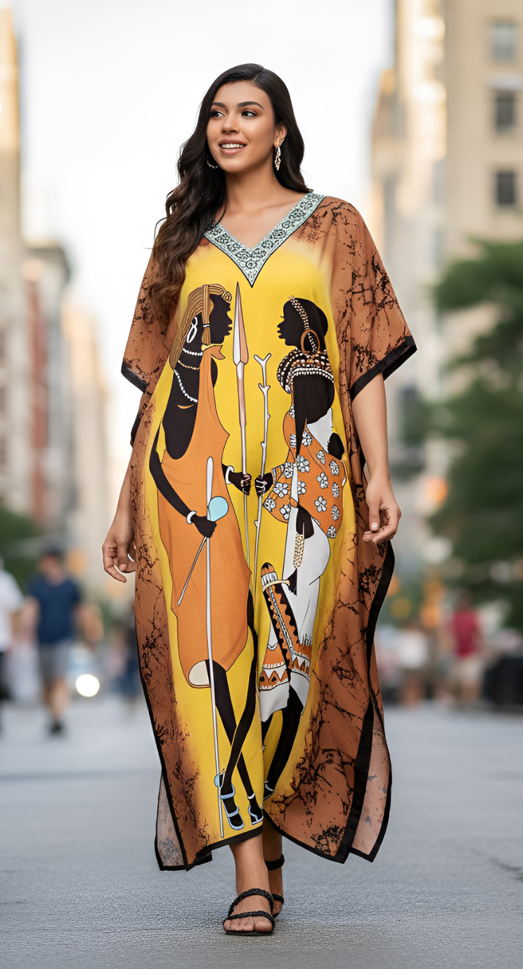 Kaftan For Plus Size Women Tribal Printed Yellow Polyester