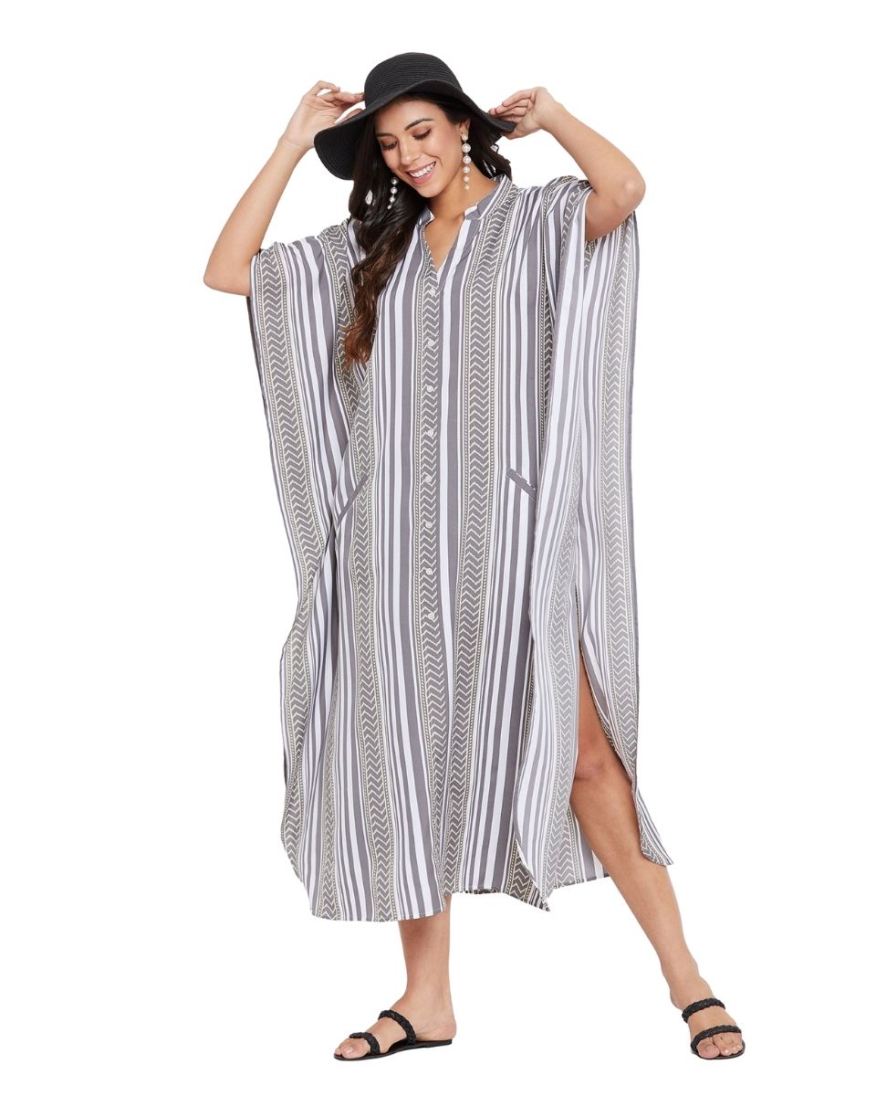 Striped Plus Size Kimono Polyester Kaftan Loose Maxi For Women